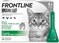 Frontline Plus spot-on for cats packaging with a cat's face on it.