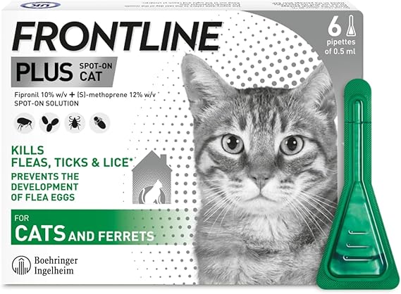 Frontline Plus spot-on for cats packaging with a cat's face on it.